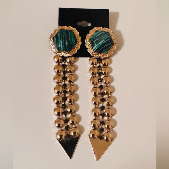 ASOS Green Marble Resin Stone and Gold Metal Link Dangle Earrings, NWT - Picture 3 of 8